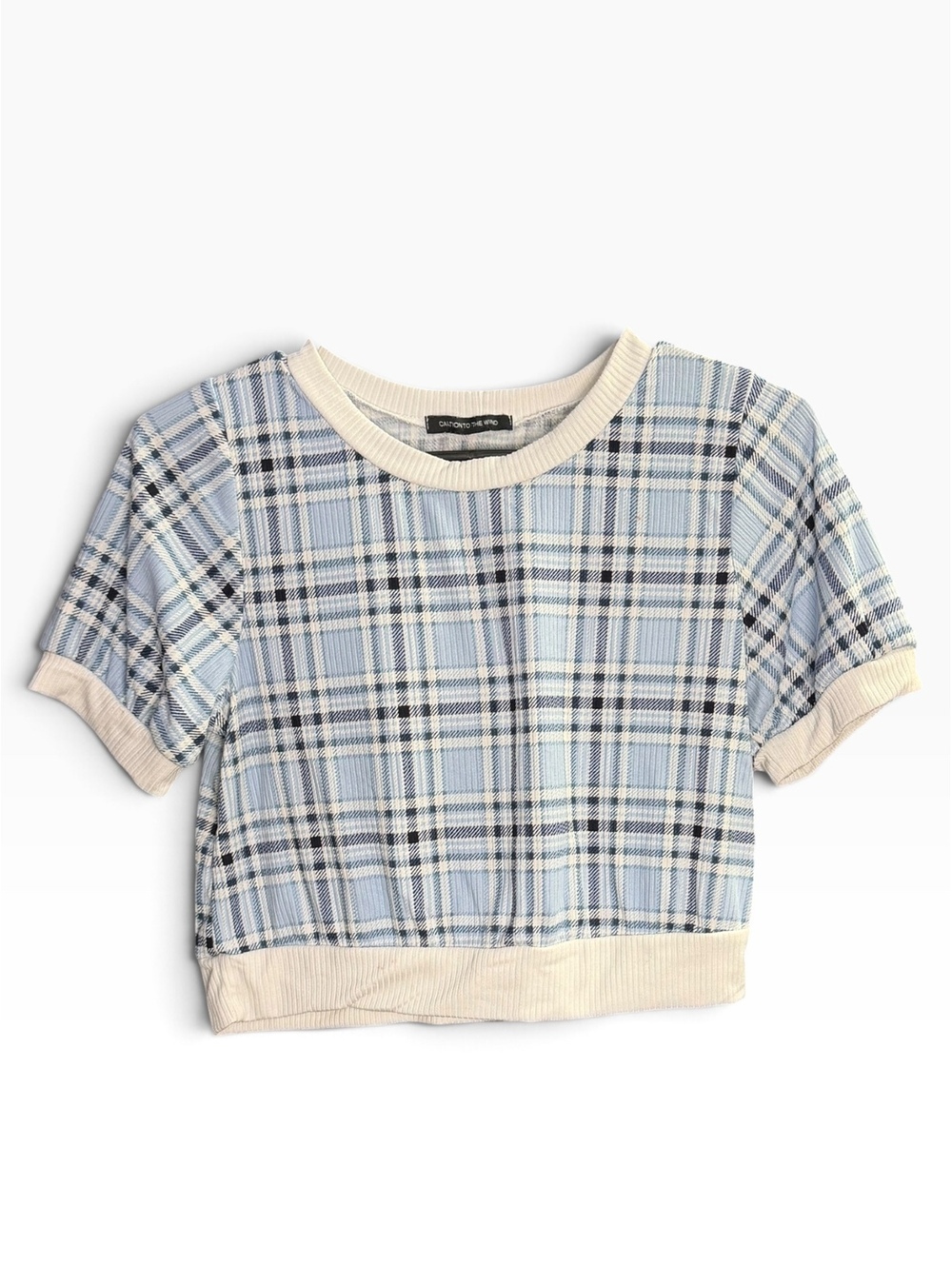 Caution to the Wind Blue Plaid Cropped Short Sleeve Sweater Top Y2K Preppy
